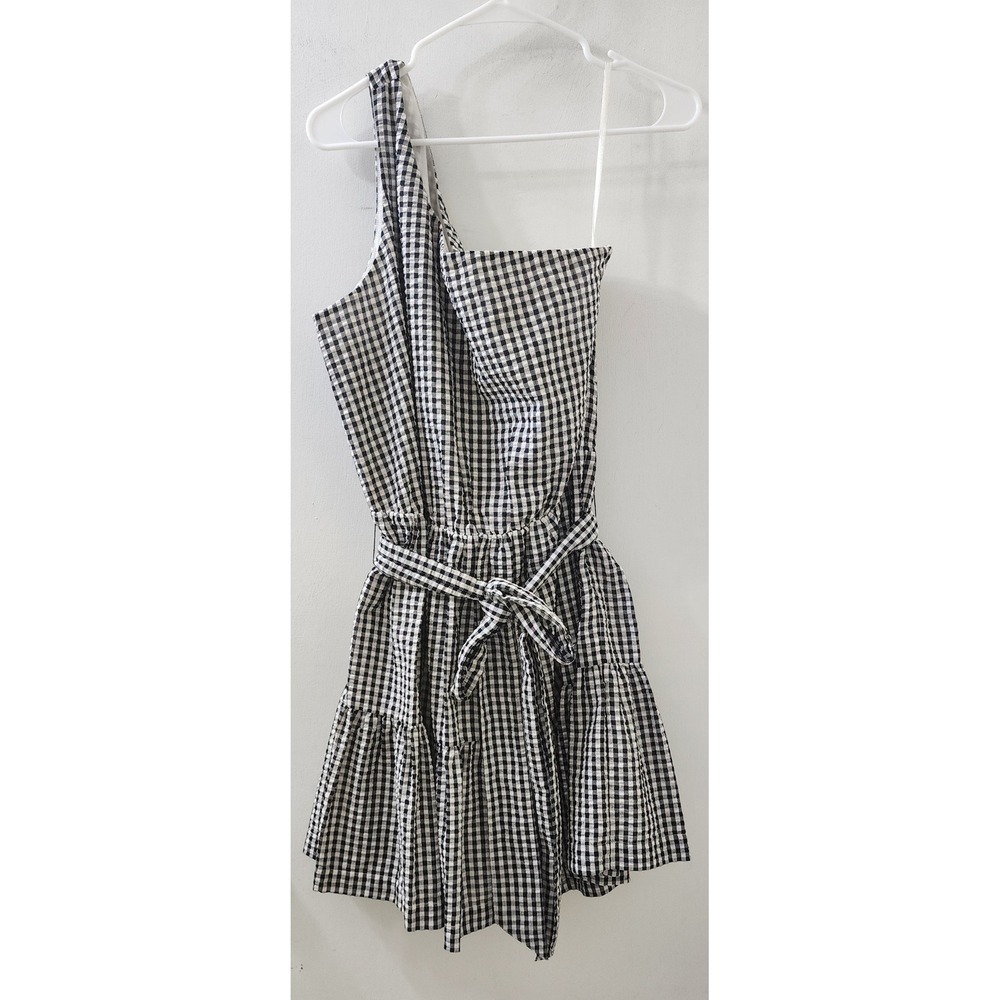Vineyard Vines Gingham Seersucker One Shoulder Dress Jet Black White 14 NEW